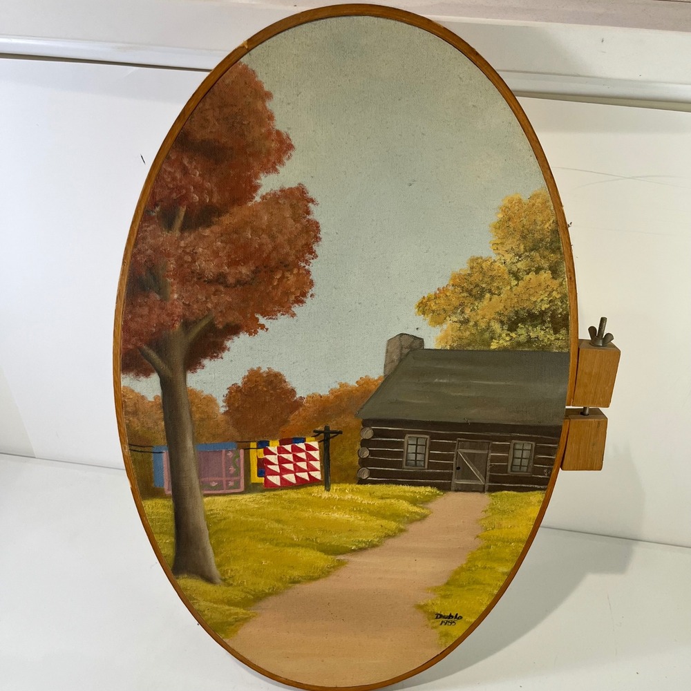 Vintage Dublo Oil Painting Wall Art Cabin Landscape Folk Art 1985 Quilt Hoop